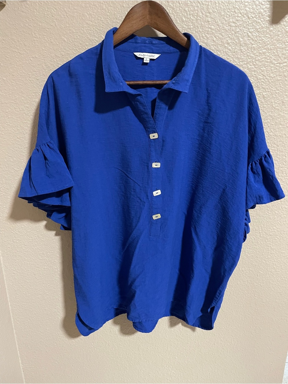 John Mark Royal Blue Ruffle Sleeve Polo Blouse